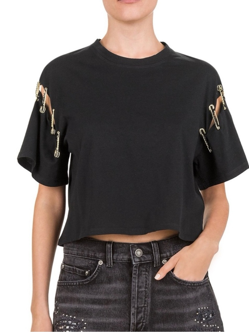 The Kooples Black Short Sleeve Tee with Safety Pin Accents